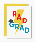 Graduation-themed card with 'RAD GRAD' text and a yellow lightning bolt on a white background.