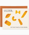 Greeting card with pasta illustrations and humorous text on a white background