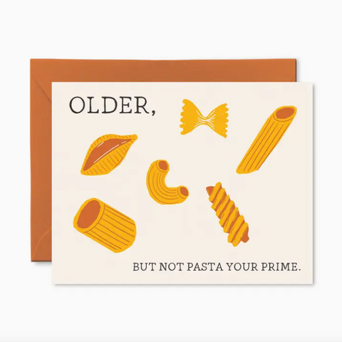 Greeting card with pasta illustrations and humorous text on a white background