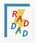 Colorful card with 'RAD DAD' text and lightning bolt design on a white background