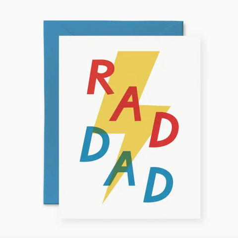 Colorful card with 'RAD DAD' text and lightning bolt design on a white background