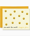 Card with smiley face pattern and text 'you make the world a happier place' on a white background