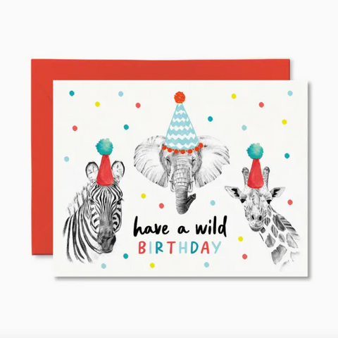 Birthday card with animals wearing party hats and text 'have a wild birthday' on a white background.