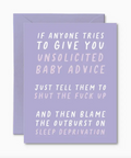 Purple card with white text on a white background