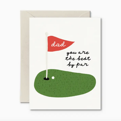Greeting card with golf design and 'dad you are the best by par' text on a white background.