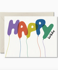 Greeting card with colorful balloons spelling 'HAPPY BIRTHDAY' on a white background