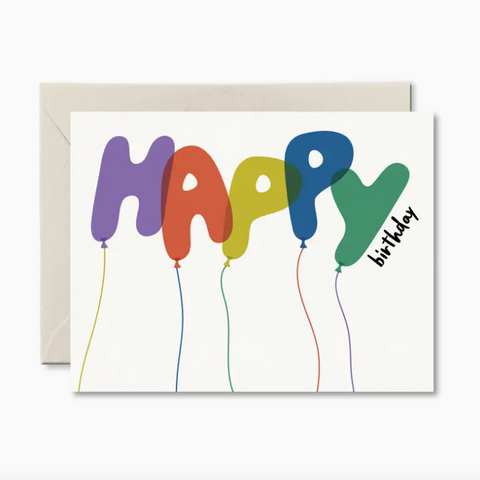 Greeting card with colorful balloons spelling 'HAPPY BIRTHDAY' on a white background