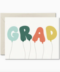 Graduation card with colorful balloons spelling 'GRAD' on a white background