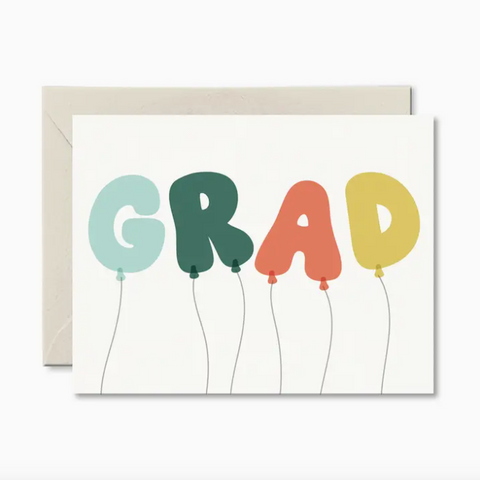 Graduation card with colorful balloons spelling 'GRAD' on a white background