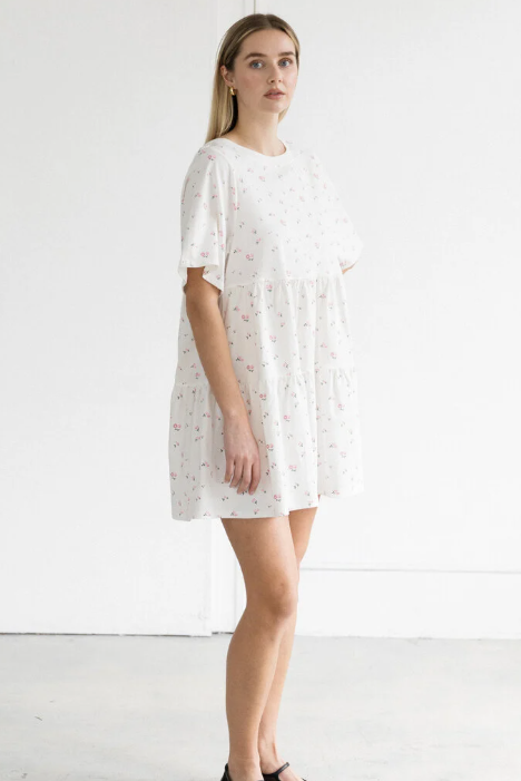 Tiered Dress | Cream w/ Pink