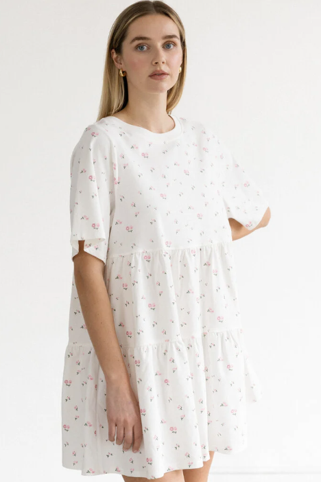 Tiered Dress | Cream w/ Pink