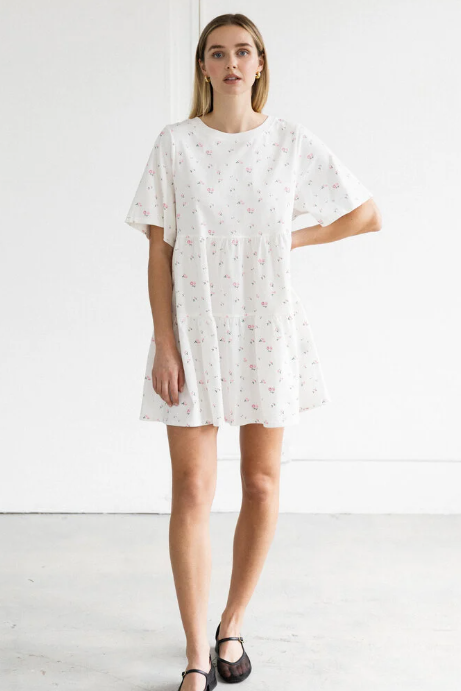 Tiered Dress | Cream w/ Pink