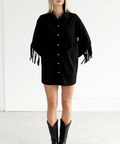 Woman wearing a black fringe jacket with a product page layout on the right.