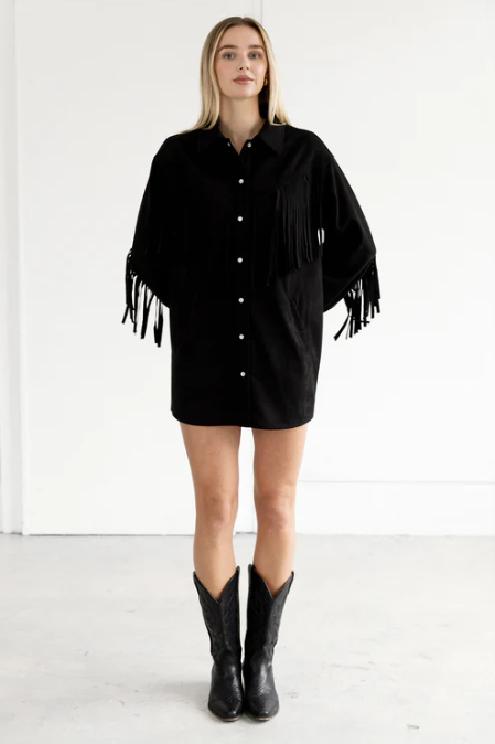 Woman wearing a black fringe jacket with a product page layout on the right.