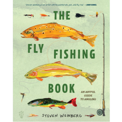 Book cover of 'The Fly Fishing Book' with illustrations of fish and a fishing rod on a light green background.