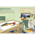 Illustration of a fly fisherman at a desk with fishing equipment and a book titled 'The Fly Fisherman's Art'.