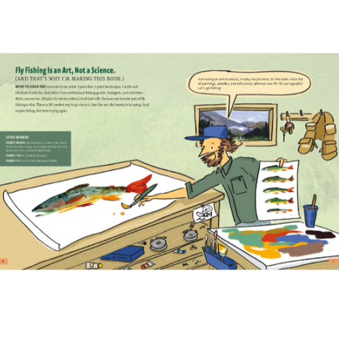 Illustration of a fly fisherman at a desk with fishing equipment and a book titled 'The Fly Fisherman's Art'.