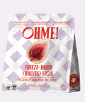 Packaging of OHME! freeze-dried figs on a light purple background