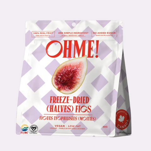 Packaging of OHME! freeze-dried figs on a light purple background