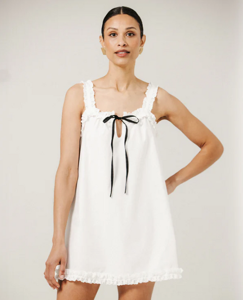 Cotton Poplin Ruffle Dress | White w/Black