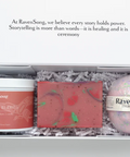 Raven Song gift set with bath bomb, candle, and soap in a box on a white background