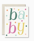 Baby card with colorful 'baby' text on a white background