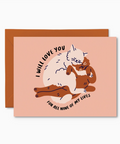 Greeting card with cartoon cats and text on a pink background