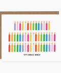 Card with colorful candles and text 'Fifty Candles. Wowza!' on a white background