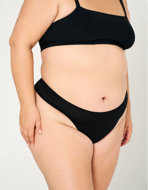 Person wearing a black bikini set on a plain background