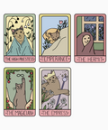 Five tarot card illustrations featuring cats with corresponding titles on a white background.