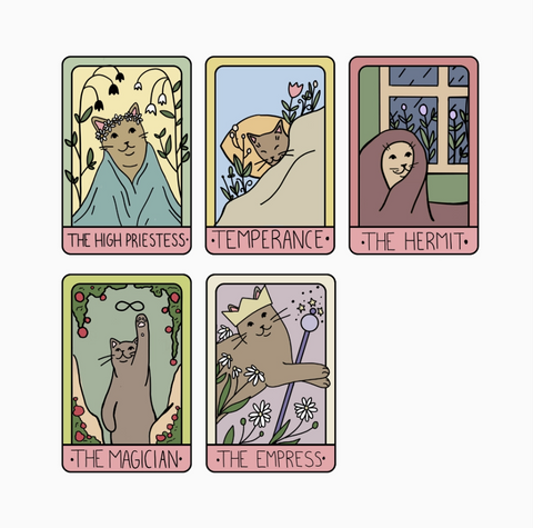 Five tarot card illustrations featuring cats with corresponding titles on a white background.