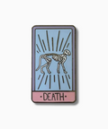 Enamel pin with skeleton design and 'DEATH' label on a light blue background