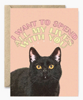 Greeting card with a black cat illustration and text on a pink background