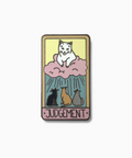 Enamel pin with a cat design labeled 'Judgment' on a white background