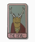 Enamel pin with a design of a creature wearing a robe with a pentacle symbol, labeled 'The Devil'.