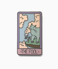 Enamel pin with a cat and flower design labeled 'The Fool' on a white background