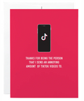 Red card with a phone displaying TikTok logo and humorous text on a white background