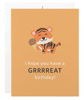 Birthday card with a tiger holding an ice cream cone and text 'i hope you have a GRRRREAT birthday!' on an orange background.