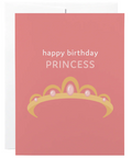 Greeting card with a gold tiara illustration and 'happy birthday PRINCESS' text on a pink background