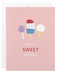 Sweet birthday card design on a website with ice cream cone and lollipop illustration.