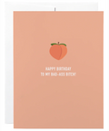 Card with peach illustration and text on a white background