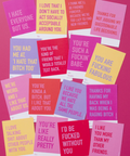 Collection of colorful cards with various text on a pink background