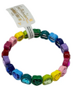 A colorful beaded stretch bracelet with heart-shaped beads in multiple vibrant colors, featuring a white paper tag attached at the top, shown on a plain white background.