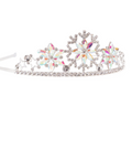 A silver tiara with three snowflake and floral motifs adorned with iridescent, multicolored rhinestones, shown on a plain white background.
