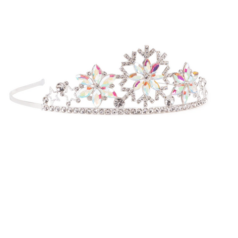 A silver tiara with three snowflake and floral motifs adorned with iridescent, multicolored rhinestones, shown on a plain white background.