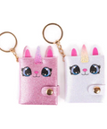Two small glittery keychain card holders shaped like cartoon bunny faces, one pink and one white, each with bunny ears, large blue eyes, and a gold key ring.