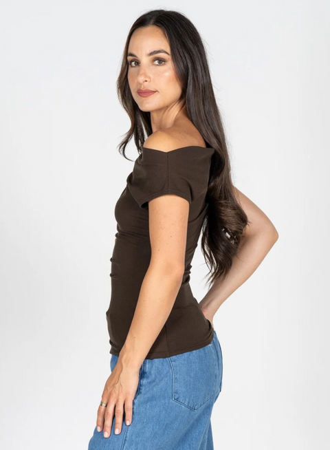 Gathered Front Boat Neck Top | Brown