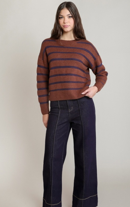 Stripe Crew Neck Sweater | Rustic Brown and Blue