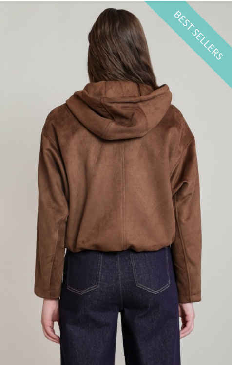 Faux Suede Hooded Bomber | Brown