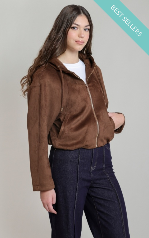 Faux Suede Hooded Bomber | Brown